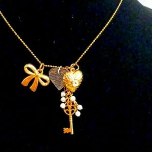 14k Baby Pearls Necklace w Dainty Charms Heart Key & upcycled LV handmade Charm
